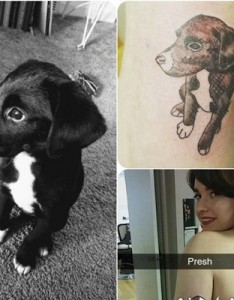 纹身动物 女生大臂上黑色的小狗纹身图片