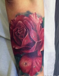 手臂写实娇艳欲滴红玫瑰纹身图案